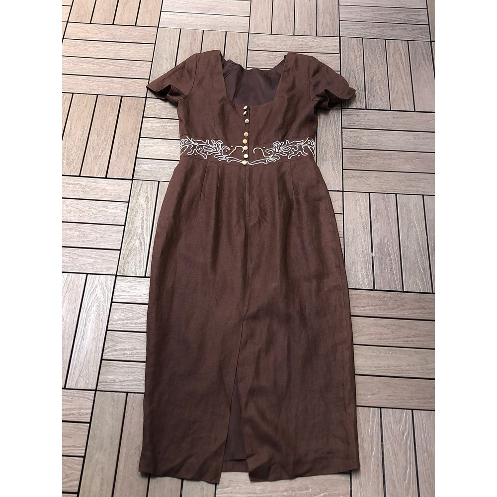 Donna Morgan chocolate brown short sleeve linen dress beaded waist embroidery - Picture 10 of 10